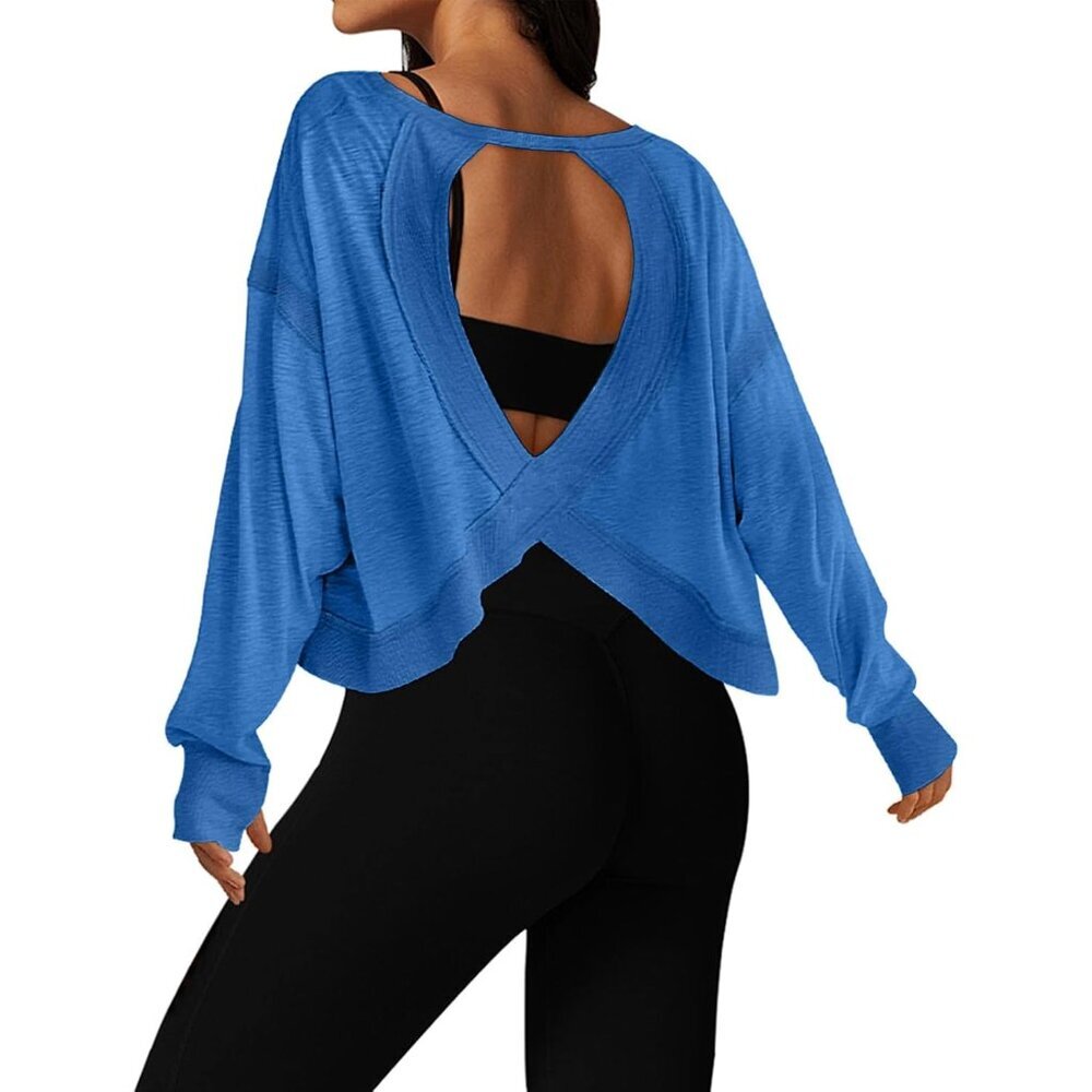 Open Back Workout Tops for Women Long Sleeve Cropped Athletic Clothes Gym Runnin